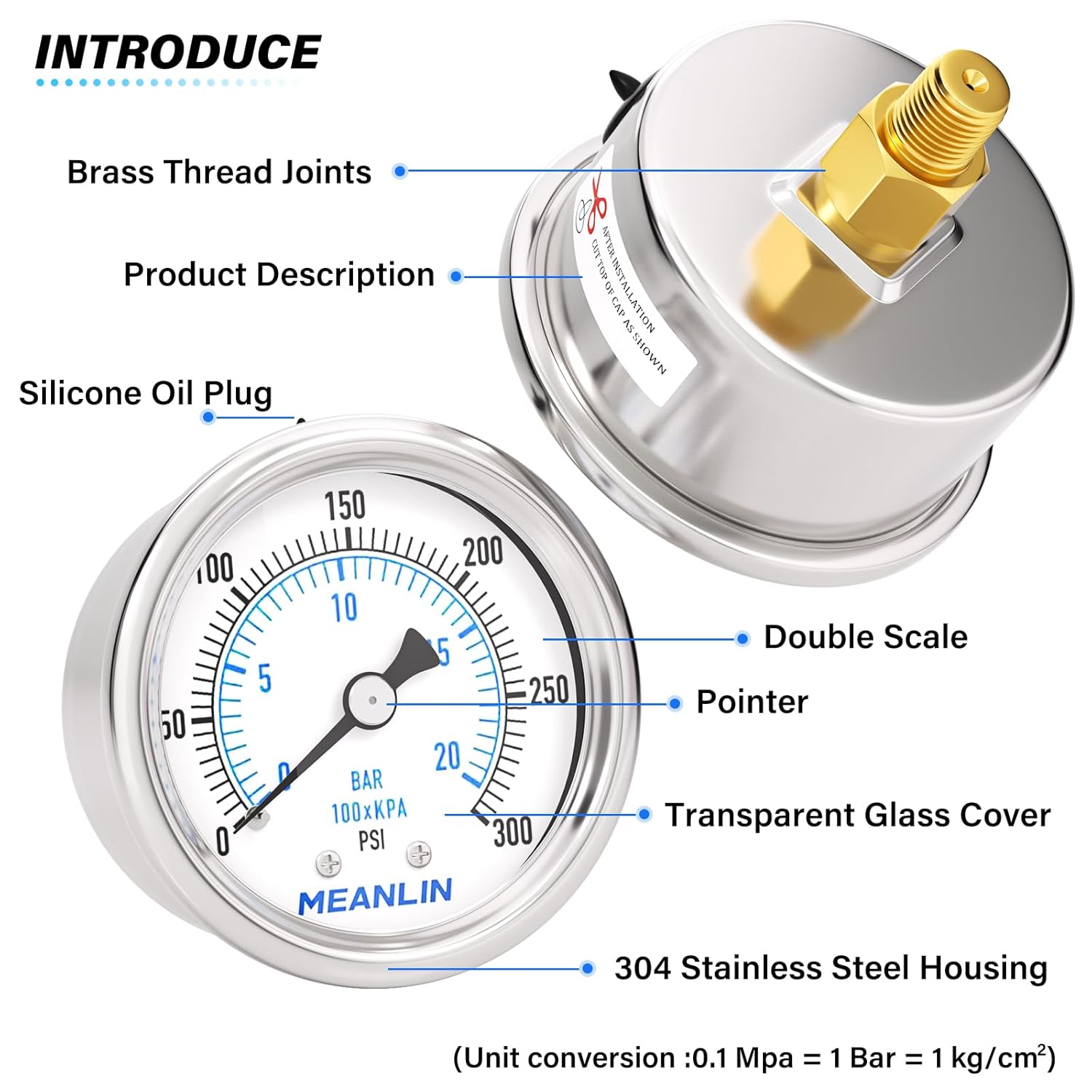 MEANLIN MEASURE 0~300Psi Dry Pressure Gauge Stainless Steel 1/8" NPT 2" FACE DIAL Waterproof for Air Compressor Air Regulator Water Filter Back Mount, with 1/4" NPT and 3/8" NPT Hex Bushing