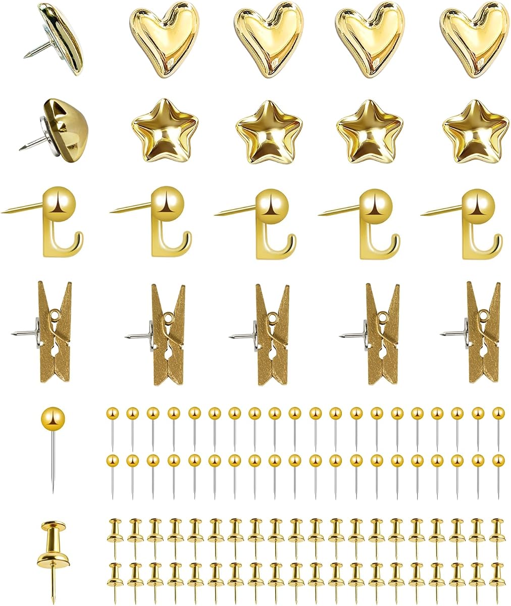 KEYDUACU 150 Pcs Gold Push Pins Set, Metal Thumb Tacks, Decorative Push Pins for Cork Board with Hook Clip, 6 Style Office Accessories for Map