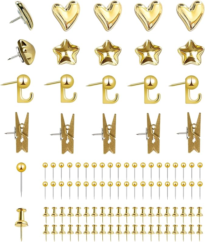 KEYDUACU 150 Pcs Gold Push Pins Set, Metal Thumb Tacks, Decorative Push Pins for Cork Board with Hook Clip, 6 Style Office Accessories for Map