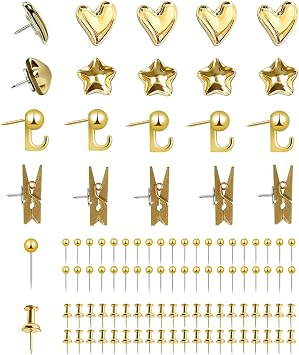 KEYDUACU 100 Pcs Gold Push Pins Set, Metal Thumb Tacks, Decorative Push Pins for Cork Board with Hook Clip, 6 Style Office Accessories for Map