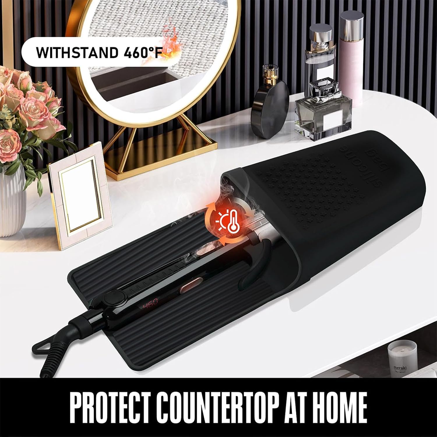 Wall Mounted Hair Tool Organizer | Silicone Heat Pouch Holder For Curling Iron Flat Iron (Black)