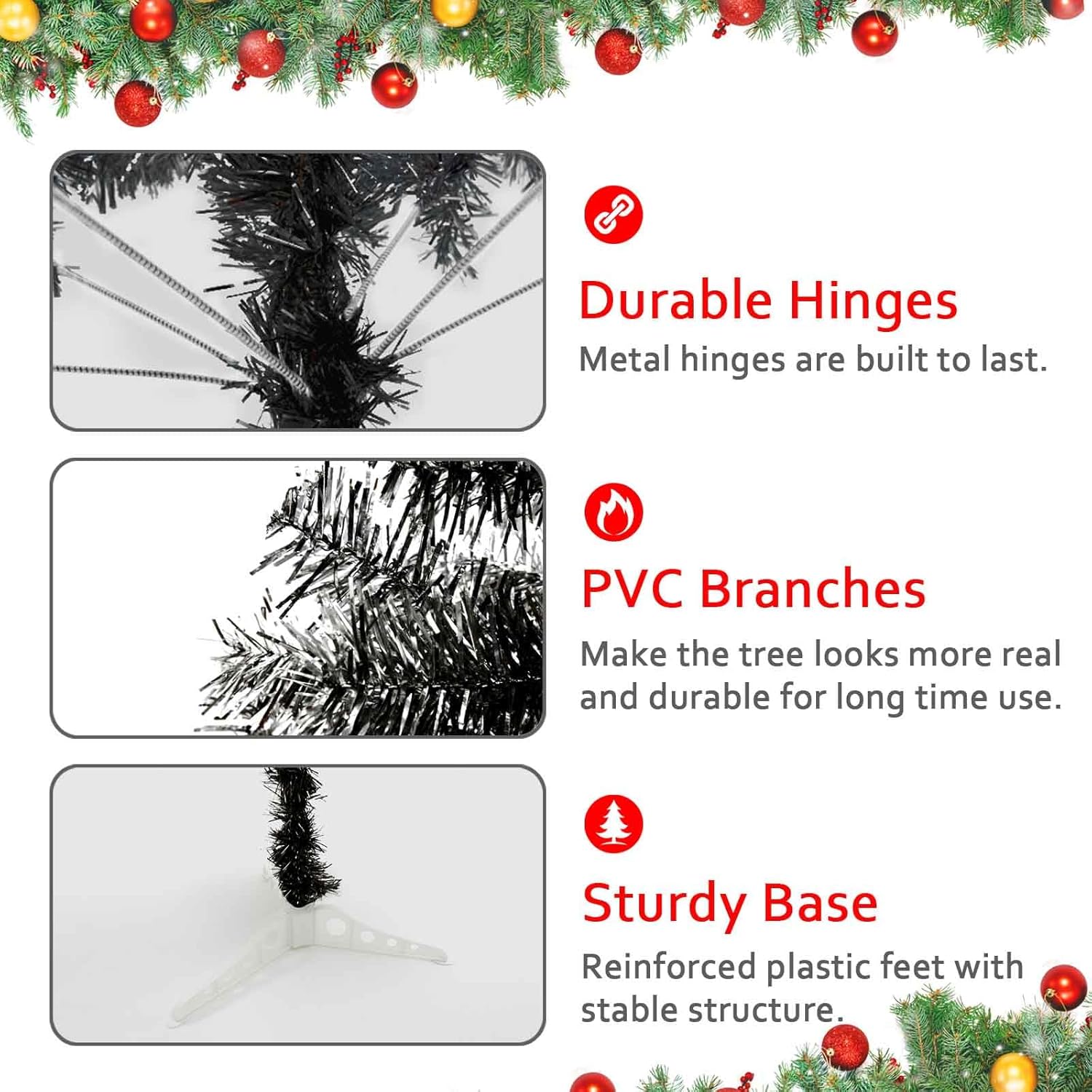 Black Christmas Tree, 6ft Artificial Tinsel Christmas Tree for Home Decorations，550 Branch Tips Premium Hinged Holiday Xmas Tree for Halloween Decor