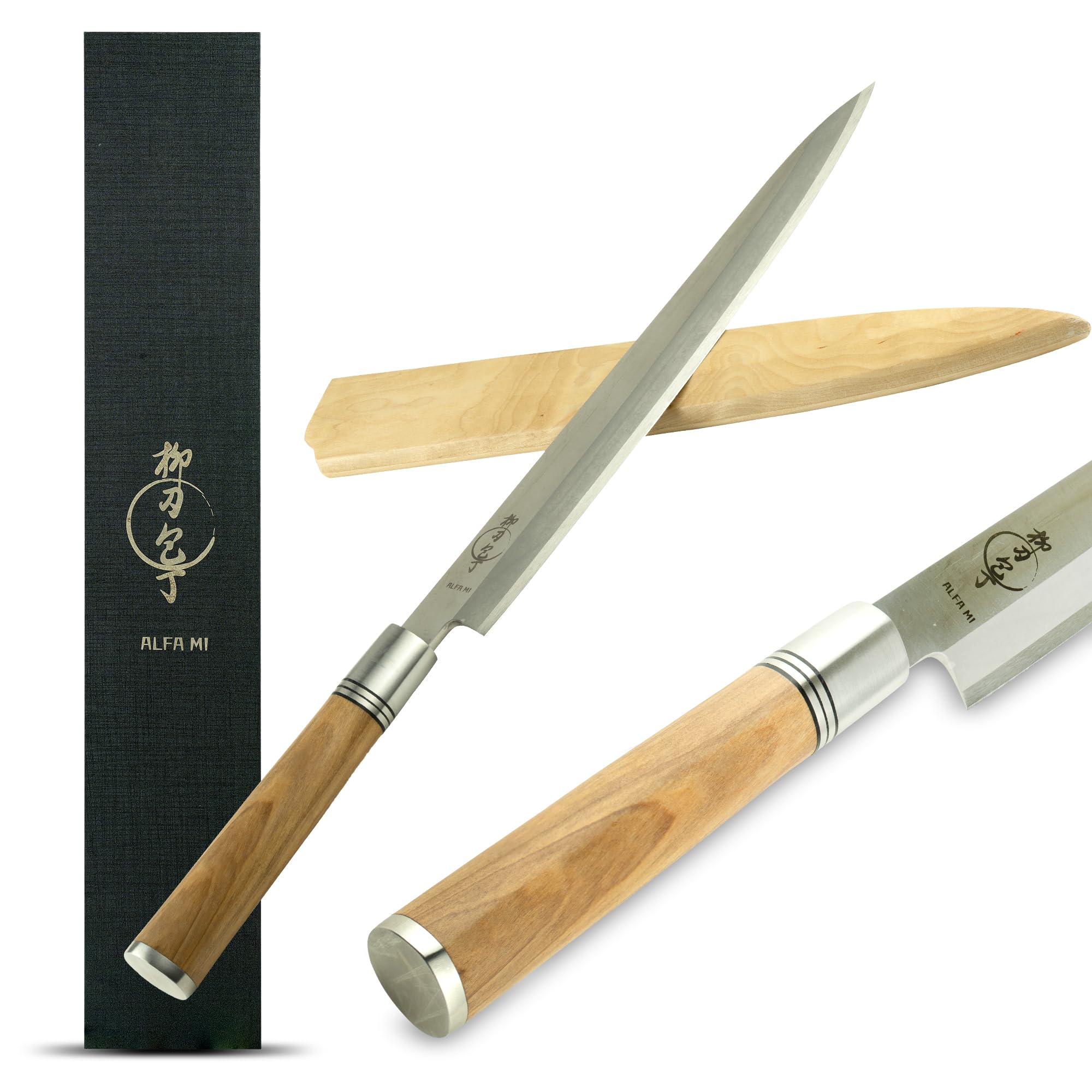 Alfa Mi Couteau japonais à sushi. Couteaux japonais yanagiba cuisine professionnelle 27 cm, ustensiles de cuisine fileter le saumon, manche en bois d'olivier et fourreau