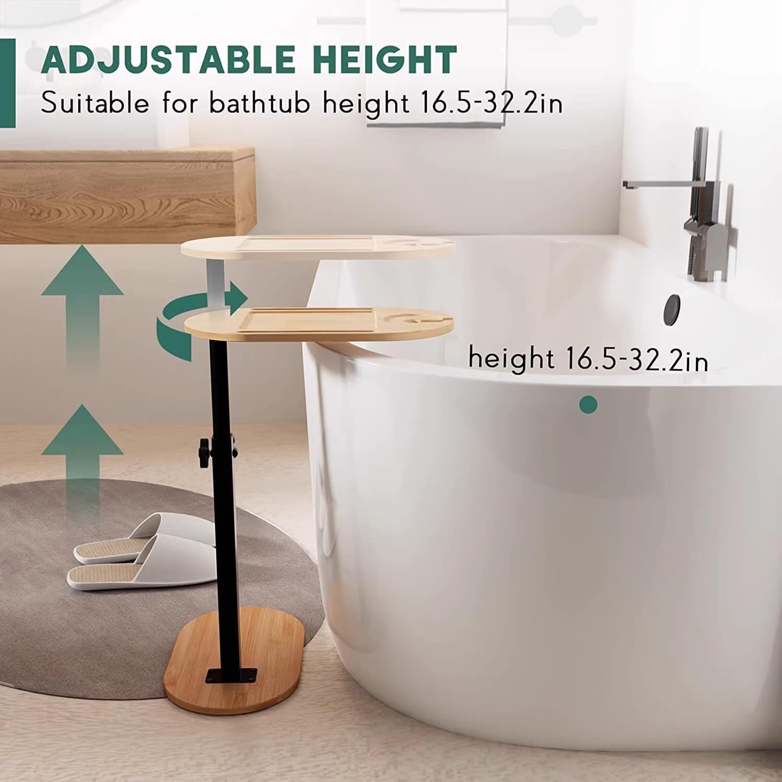 Bandeja de bambú ajustable para bañera con soporte para copas de vino y soporte para teléfono, diseño giratorio, perfecta para el hogar, sofá, cama y baño relajante.