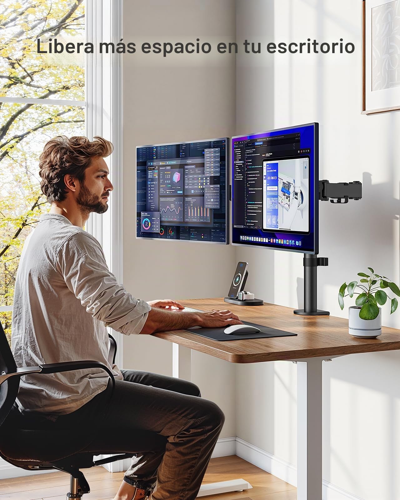 HUANUO Soporte para Dos monitores para Pantallas de 13 a 32 Pulgadas, Soporte para Monitor, Altura Ajustable, inclinación, Giro, rotación, Brazo para Dos monitores, VESA 75/100