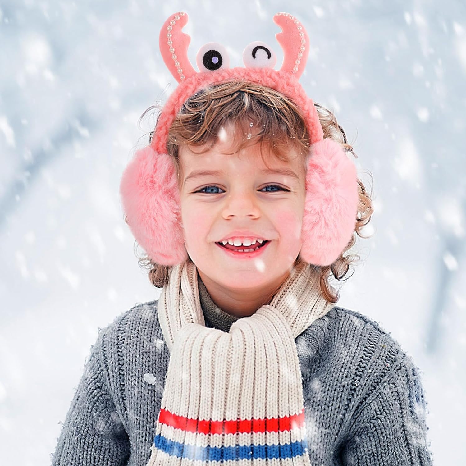 TEHAUX Winter Plush Crab Earmuffs Foldable Ear Cover Headband for Women and Men, Soft Pink Ear Warmers for Cold Weather Outdoors