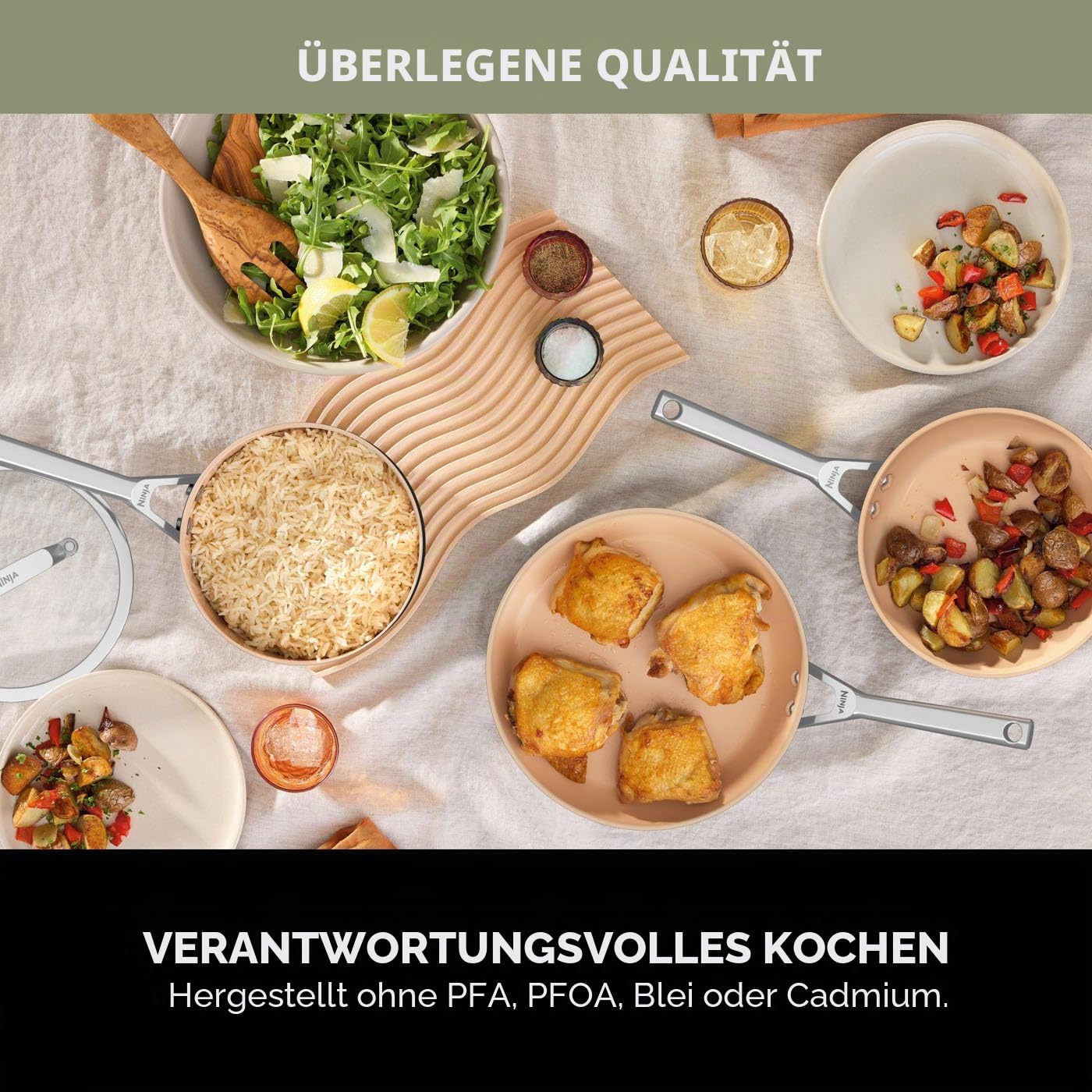 Ninja Extended Life 5-teiliges Keramik-Kochgeschirr-Set, ofenfest 285 °C | (20 & 24 cm Bratpfannen + 16, 18 & 20 cm Töpfe und Deckel), antihaftbeschichtet (ohne PFAs, PFOA, Blei oder Cadmium)