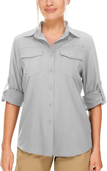 Womens Safari Sun Shirts UPF 50+ UV Sun Protection Long Sleeve Outdoor Quick Dry Fishing Hiking Gardening Shirts