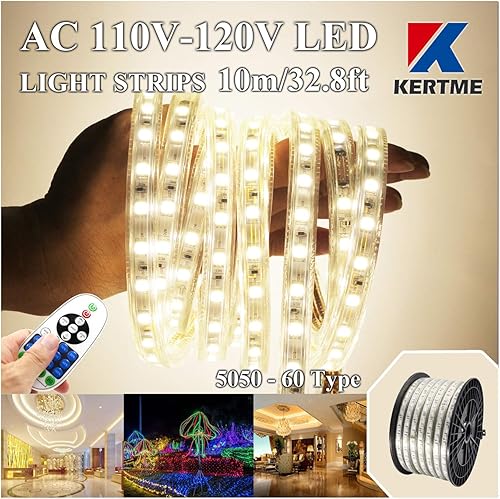 Tira de luces LED tipo 5050-60 CA de 110-120 V, flexibleimpermeableregulablemultimodo de luz LED + control remoto de 23 teclas para decoración de