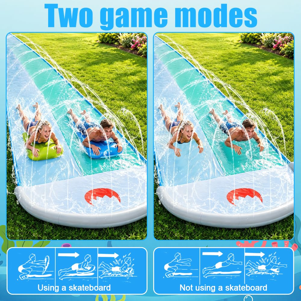 Mineup Wasserrutsche Garten 550x140cm mit 2 Bodyboards Doppelrutsche Eingebautem Sprinkler