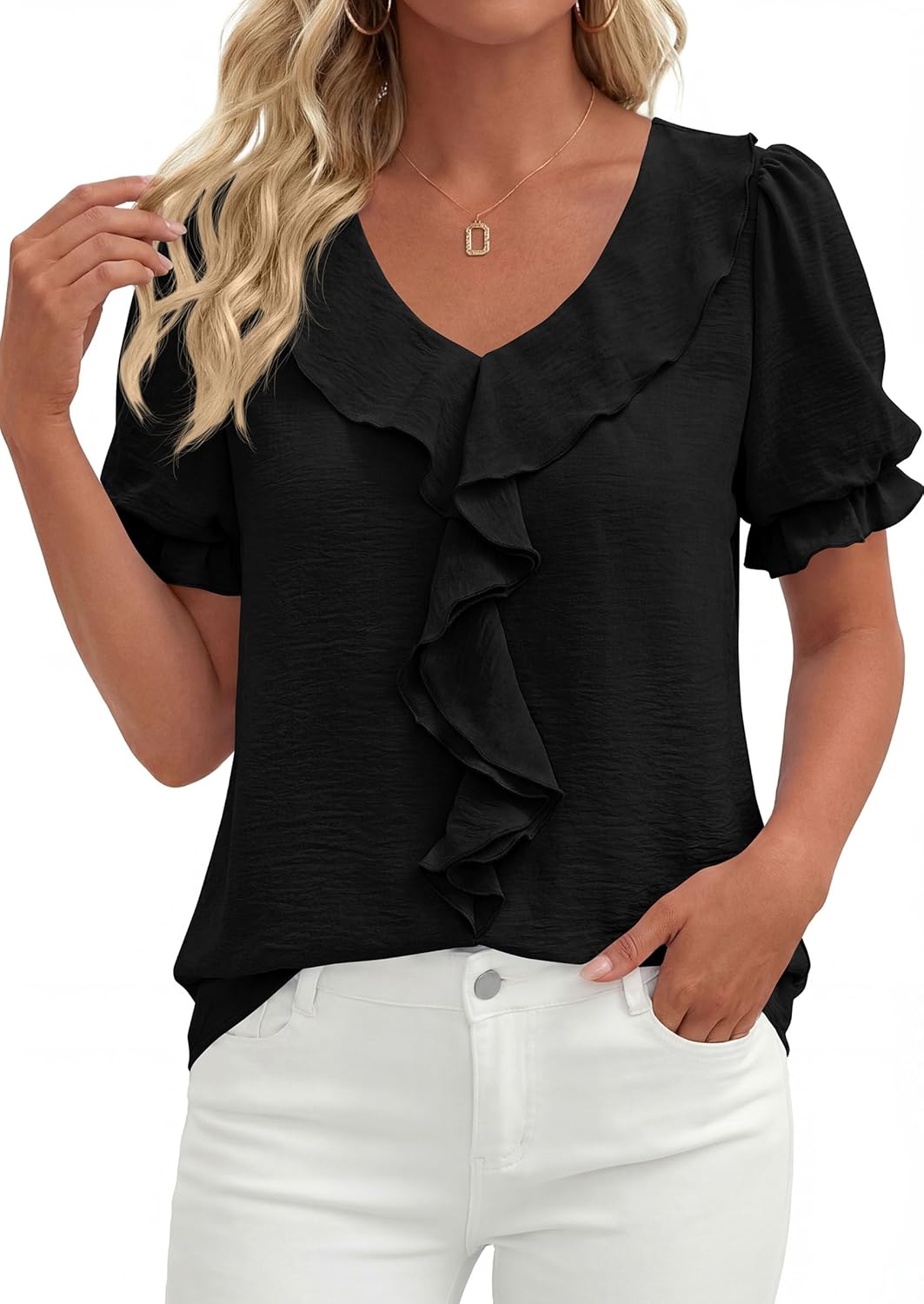 PRETTYGARDEN Women's Summer Dressy Casual Blouses 2026 Short Sleeve V Neck Ruffle Business Work Tops Trendy Spring Outfits - Image 6