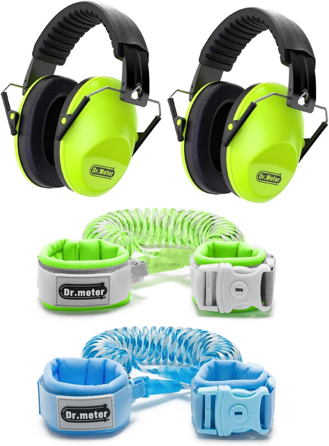 2pack Green Kids Earmuff and Blue +Green Toddler Leash