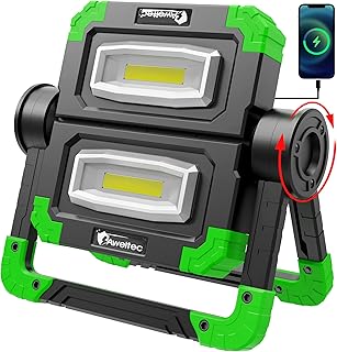 AWELTEC LED Work Light Rechargeable - 2 COB 2000 Lumens 360° Foldable Flood Work Light for Outdoor Camping, Emergency Car Repairing and Job Site Lighting (Green)
