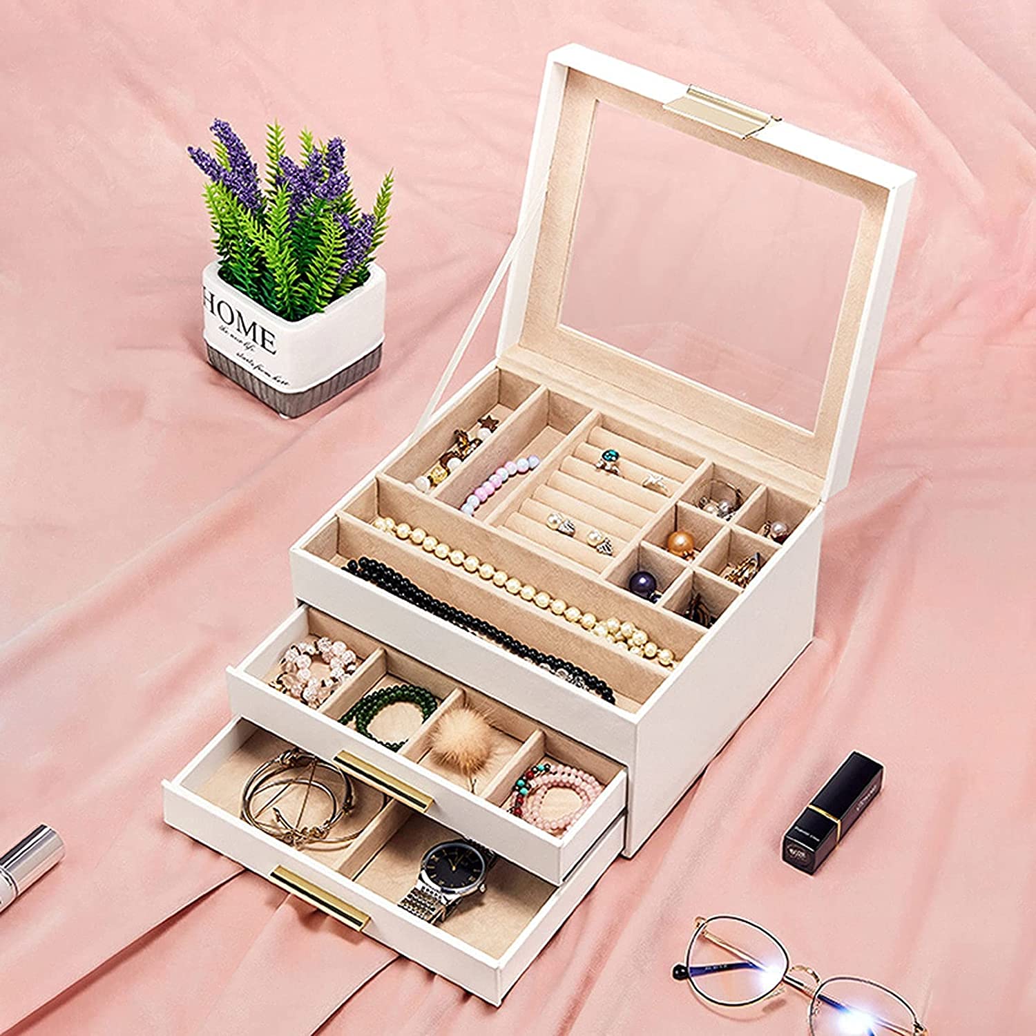 Schmuck-Organizer, Schmuckkästchen, großes Schmuckkästchen, Organizer, Schublade, Spiegel für Damen, Pu-Leder, Aufbewahrungskoffer für Ohrringe, Ring, Halskette, Armband, Uhr, Schmuckkästchen,
