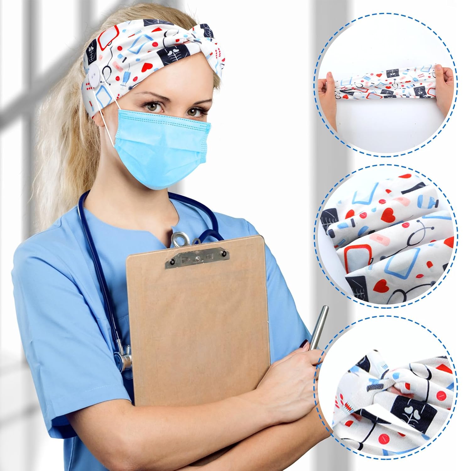 Jexine 20 Pcs Nurse Headbands for Women Wide Nursing Headband with Button for Mask Cna Accessories Work Non Slip Ear Protection Christmas Nurse Gifts Vet Pediatric Dental Doctor Medical Scrub Hairband - Image 6