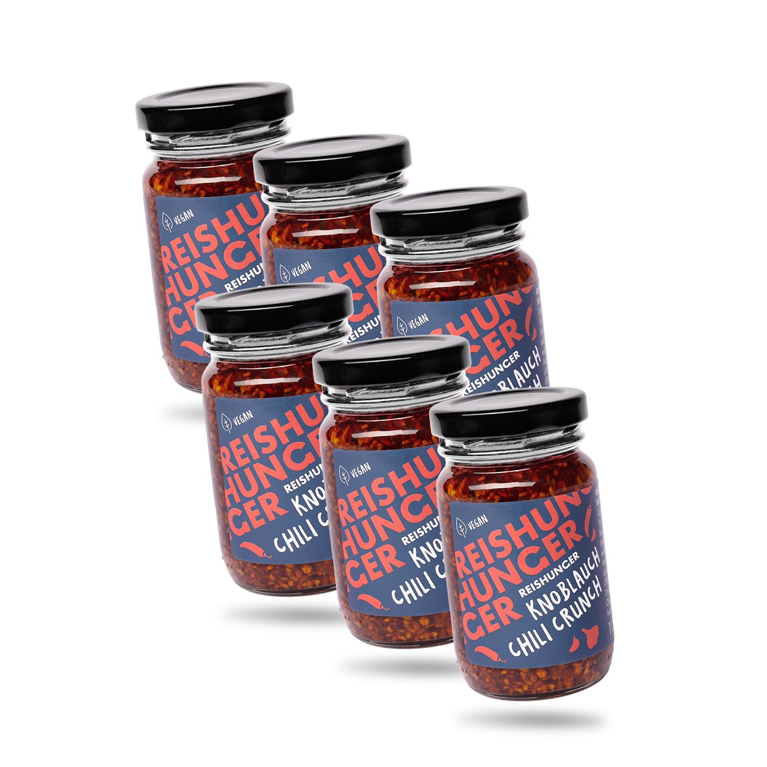 REISHUNGER Knoblauch Chili Crunch – 6 x 115 g | fertiges Crispy Chili Öl aus Knoblauchflocken, mild–scharfem Chili und würzigen Zwiebeln