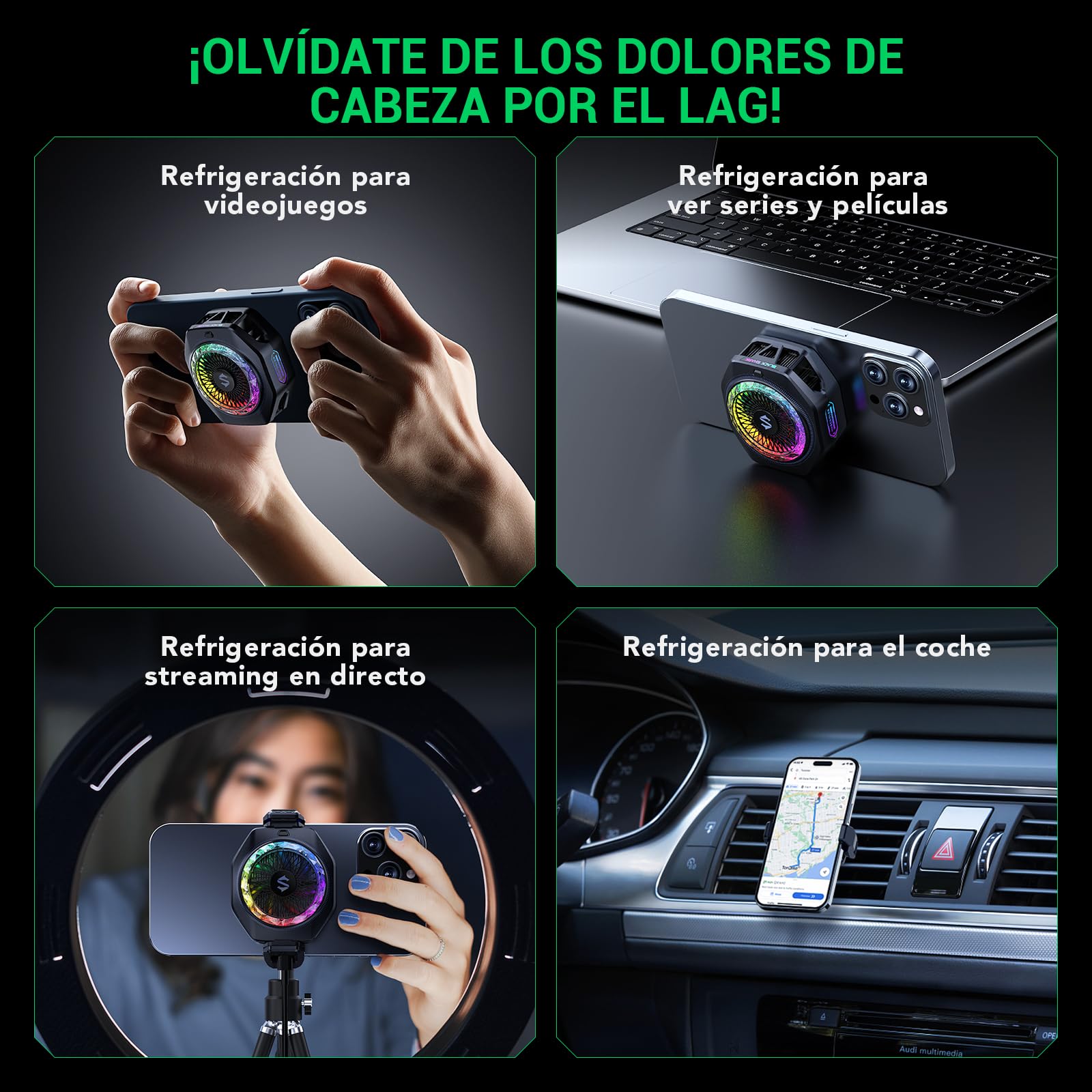 Black Shark Enfriador magnético para teléfono 5 Pro – 18 LED RGB direccionables, agarre desmontable, ventilador de refrigeración termostático controlado por aplicación para iPhone MagSafe/Android/iPad
