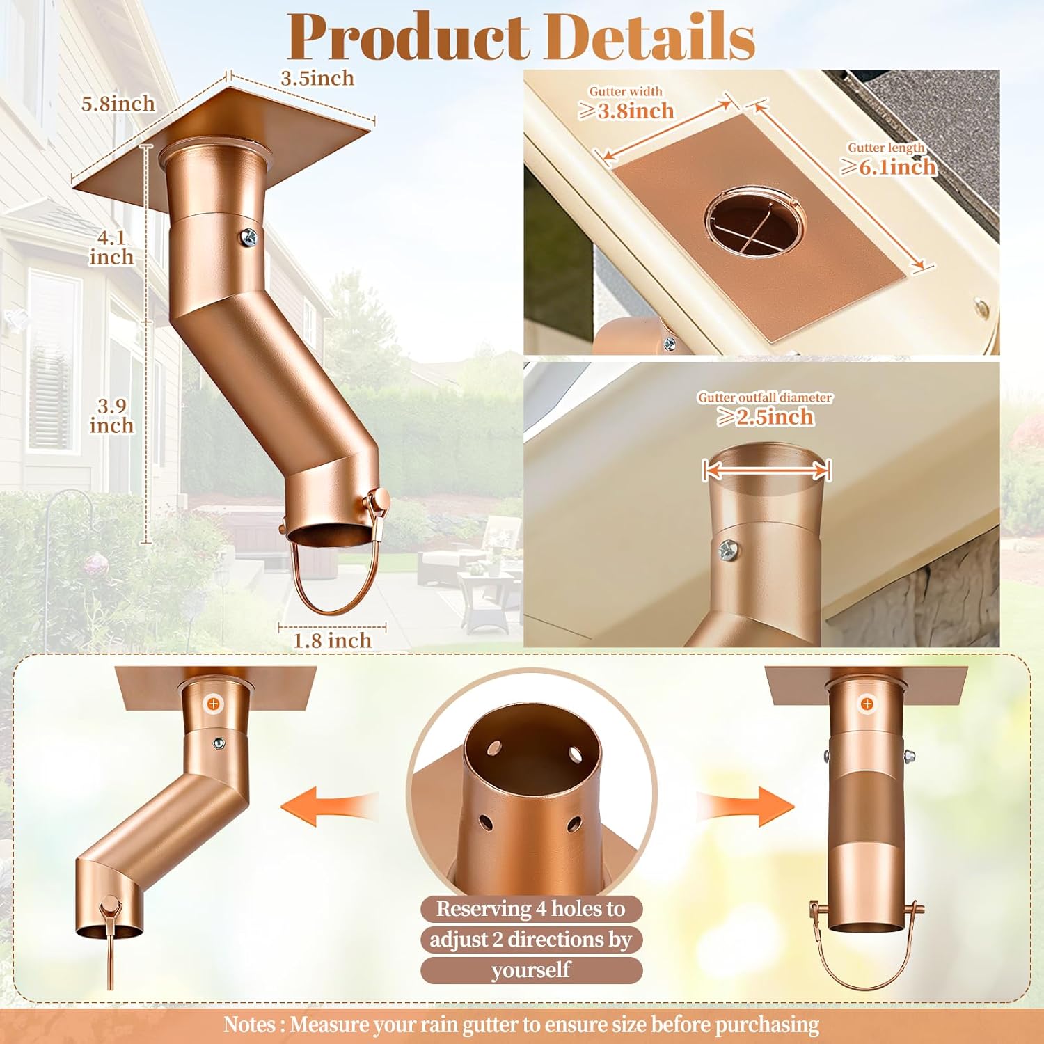 Tfro & Cile Rain Chain Gutter Adapter Gold Installation Suit for Gutter Downspout Outlet