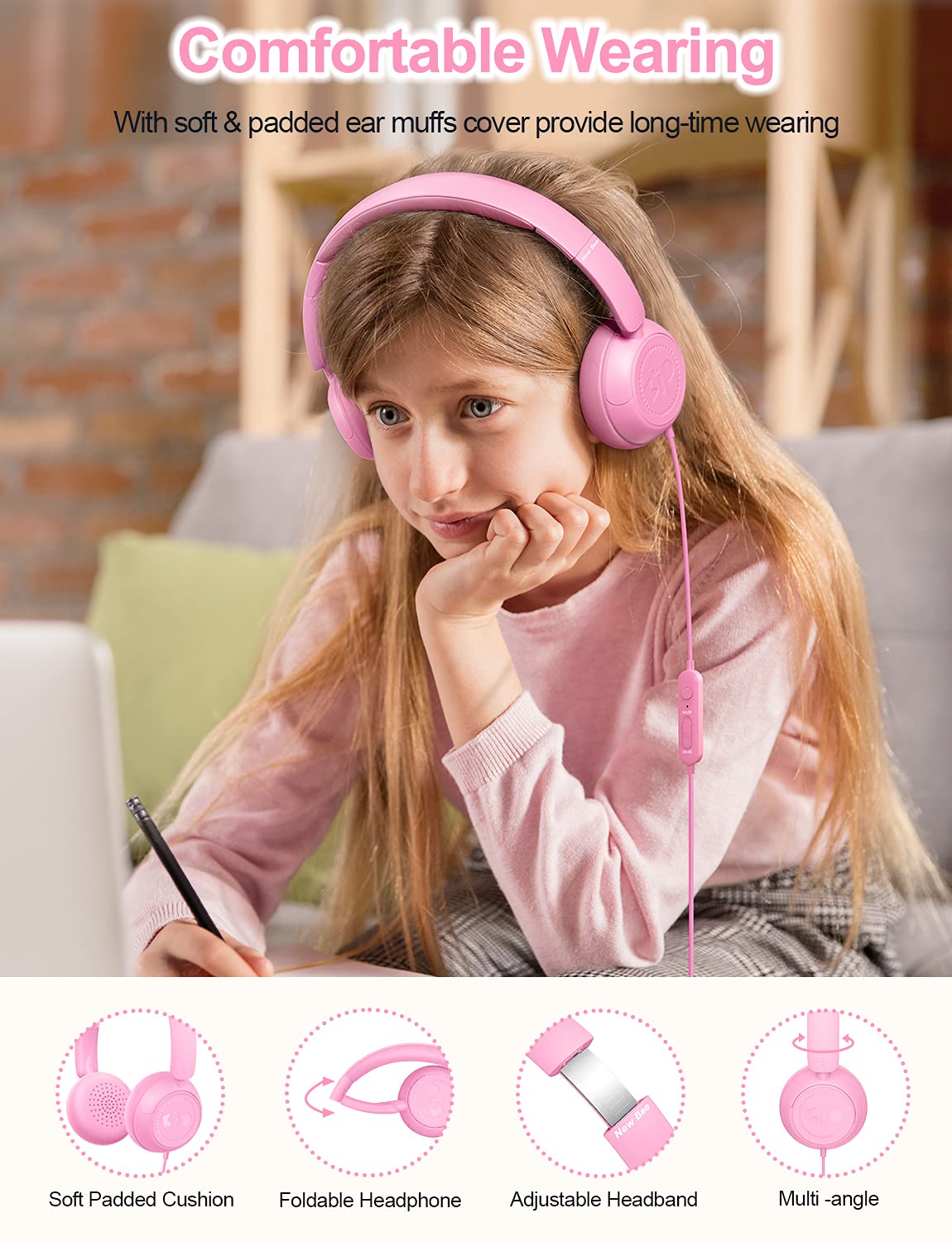 New Bee Casque Audio Enfant Filaire, Volume Limité 85/94dB Casque Enfant Audio Avec HD Microphone Réglable Pliable Pour École/Voyage/PC/Tablet/Kindle