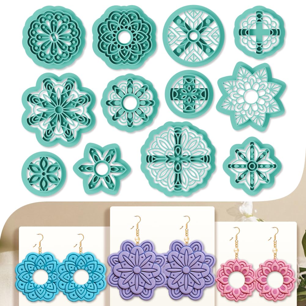 beinkmake 12pcs Polymer Clay Cutter Jewelry Making Kit Circular Intricate Blossom Design Clay Cutters with Geometric Shapes PLA Plastic Craft Tools for DIY Earrings