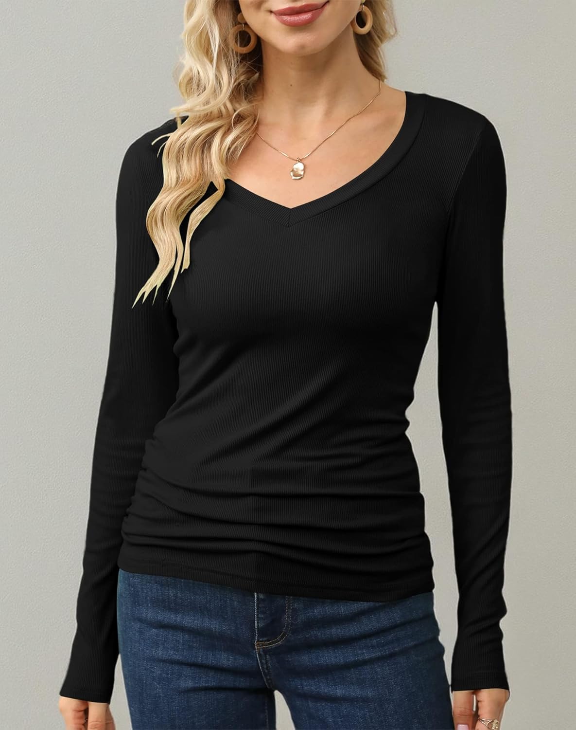 GEMBERA Women’s V Neck Ribbed Knit Long Sleeve Tops Casual Slim Fitted Basic Shirts - Image 8