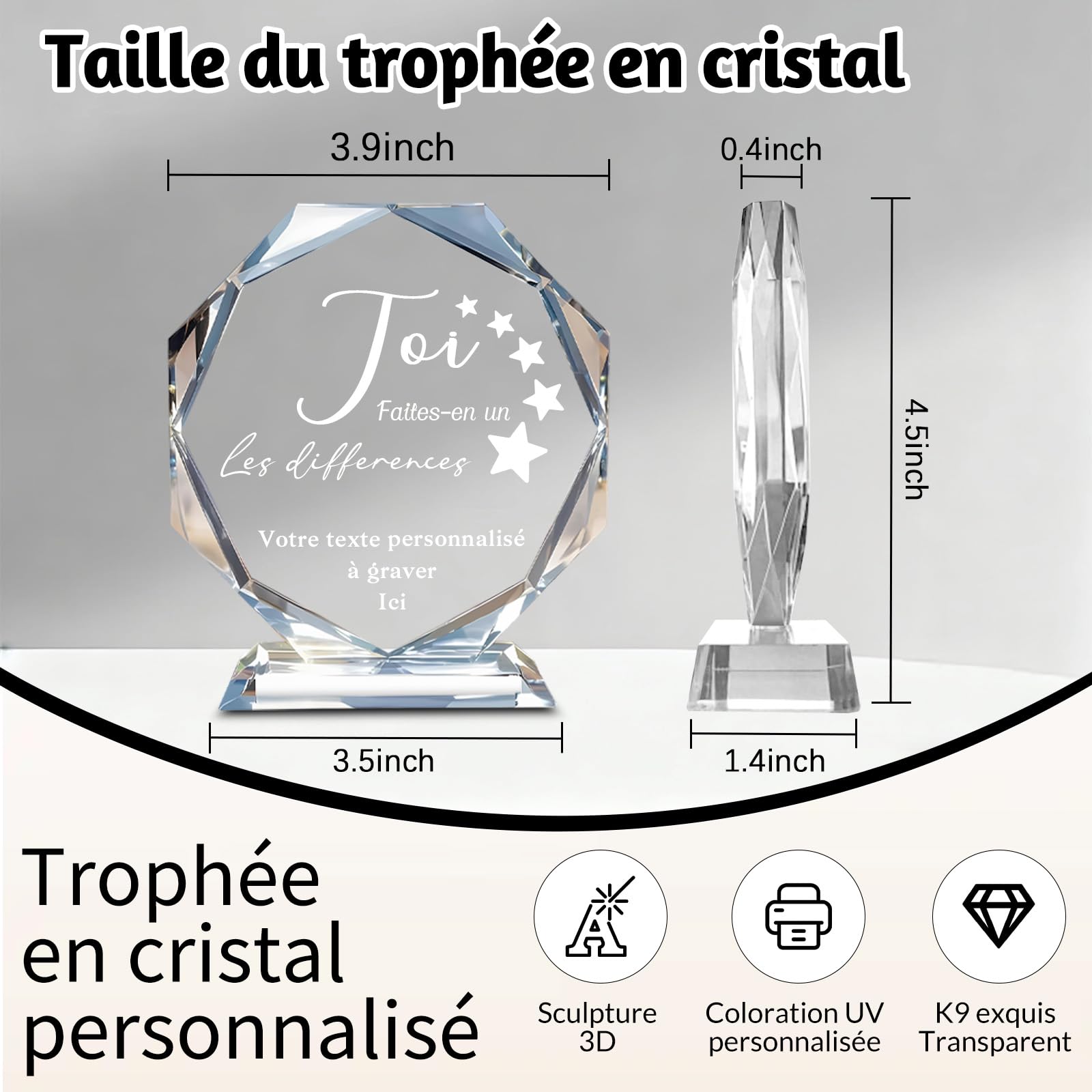 Trophée Personnalisable en Cristal Gravure Personnalisée Logo Nom Texte Photo Trophées en Verre Personnalisés pour Retraite Récompense Employé Sport