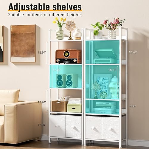 Miniatura 4 de Furologee Estantería de 5 niveles con cajones, estantería alta blanca con estantes, estantes de madera y metal, organizador de almacenamiento