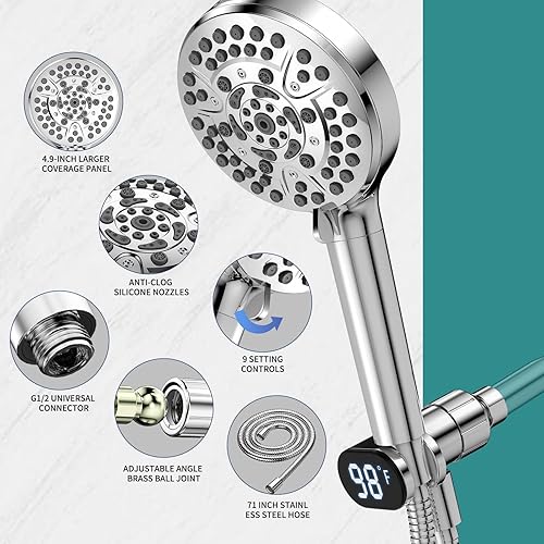 Miniatura 5 de JDO Cabezal de ducha con termómetro de ducha, 10 modos, potente cabezal de ducha de mano con lavado eléctrico integrado, juego de cabezal de ducha