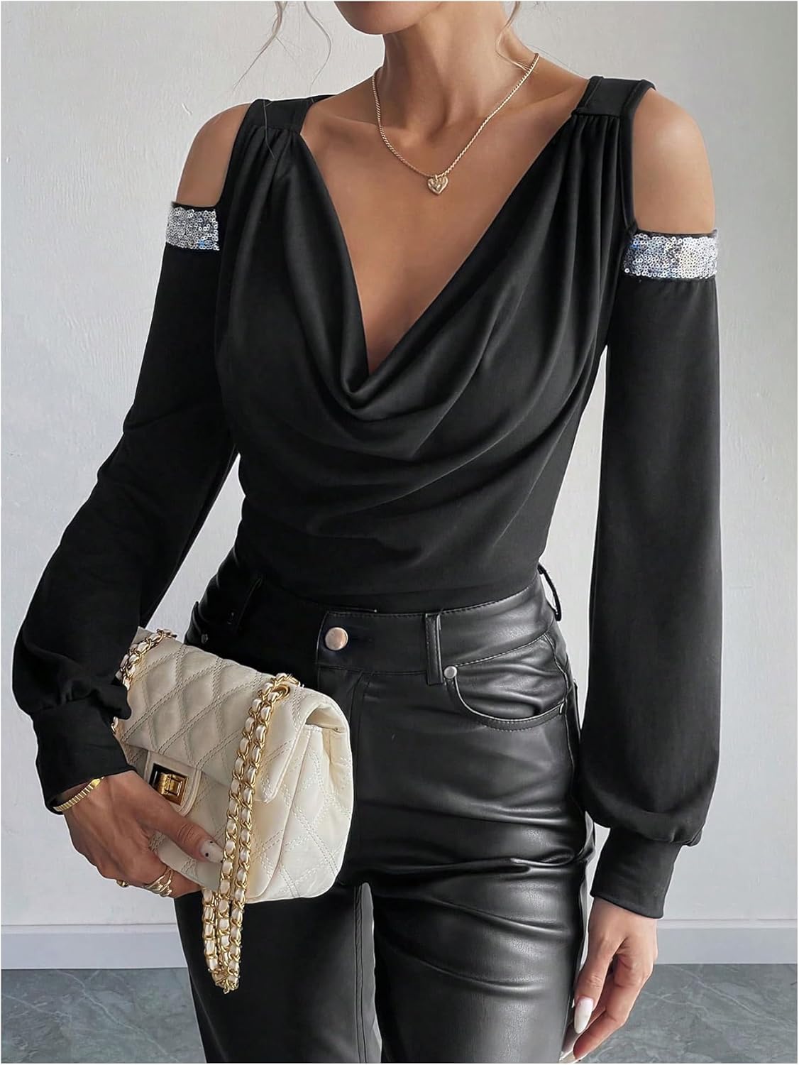 Floerns Women's Elegant Halter Blouses Cold Shoulder Bishop Rhinestone Dressy Tops - Image 3