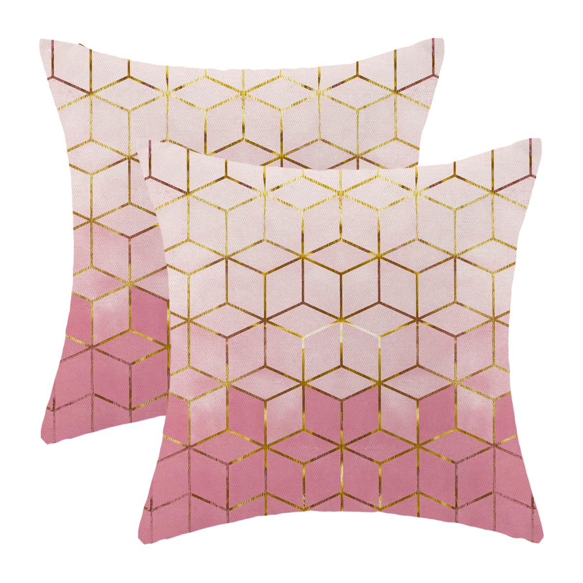 Sorktse Boho Pink Pillow Covers 18 x 18 Inch Set of 2 Abstract Pink Golden Geometric Throw Pillows Outdoor Decorative Modern Art Cubic Pillowcase