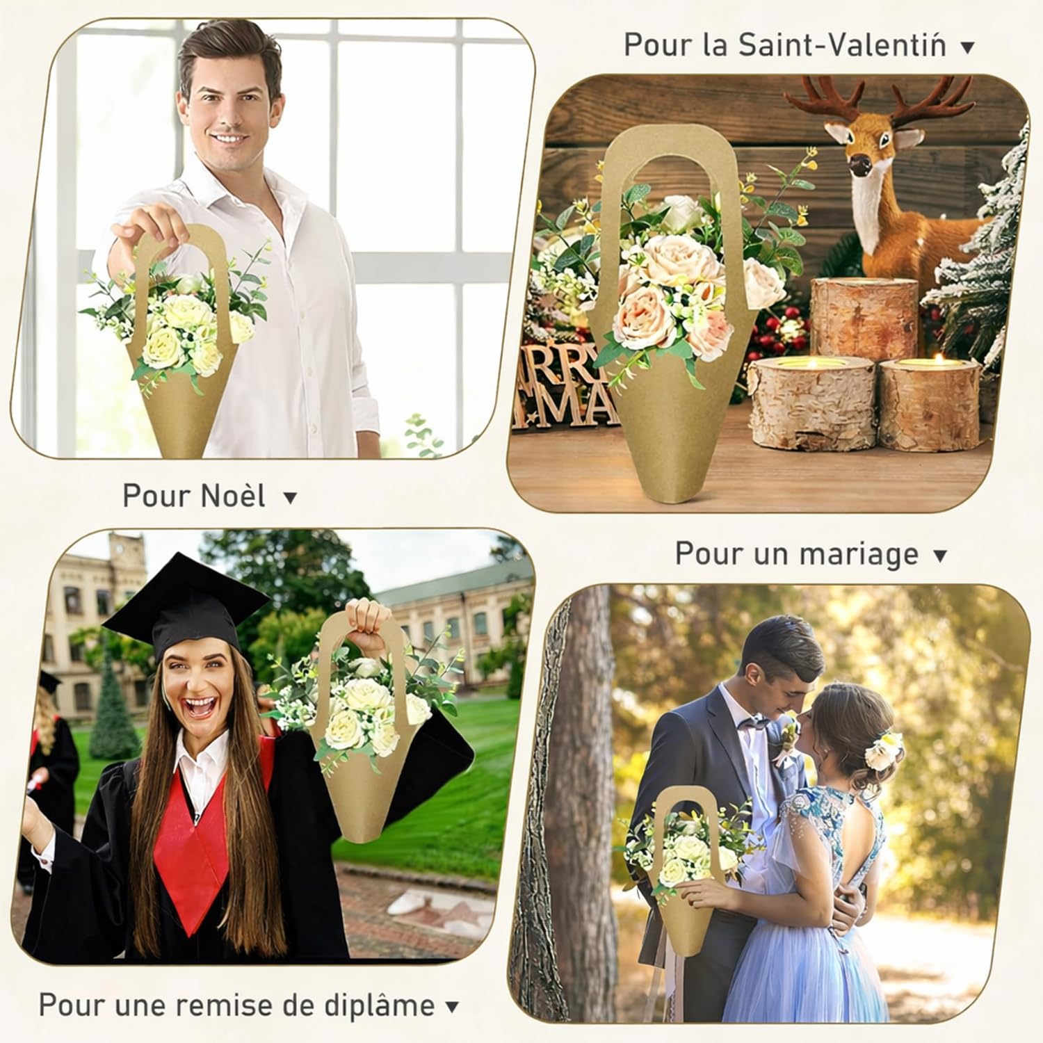 Lot de 100 Sacs pour Bouquets en Papier Kraft avec Poignées, 35x19x7,5cm | Sacs d’Emballage Fleurs pour Fleuristes, Cadeaux, Compositions Florales, Mariages, Saint-Valentin et Fête des Mères