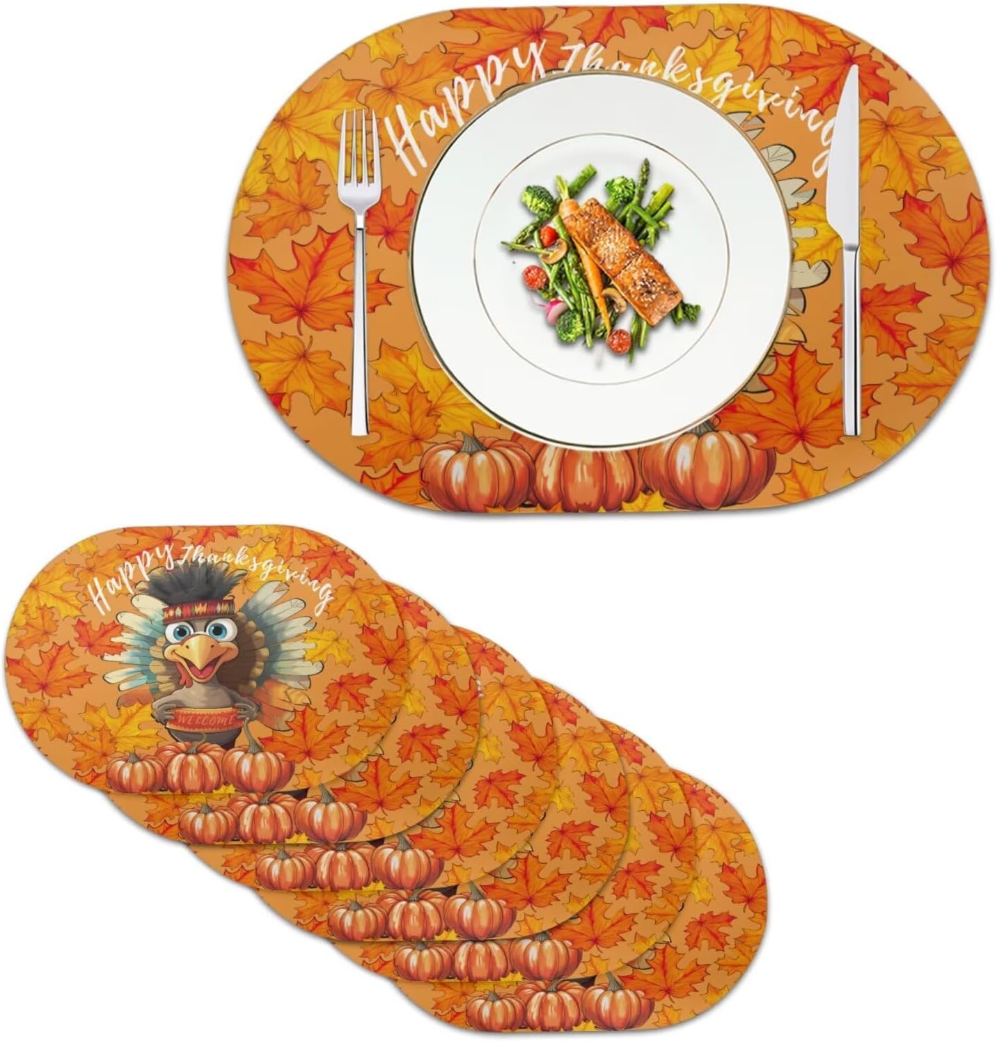 Happy Fall Turkey Pumpkins Table Placemats Oval Placemats Set of 6 Faux Leather Design Double Sided Place Mats Kitchen Placemat Set for Wedding, Birthday, Garden Party Accessory Decoration