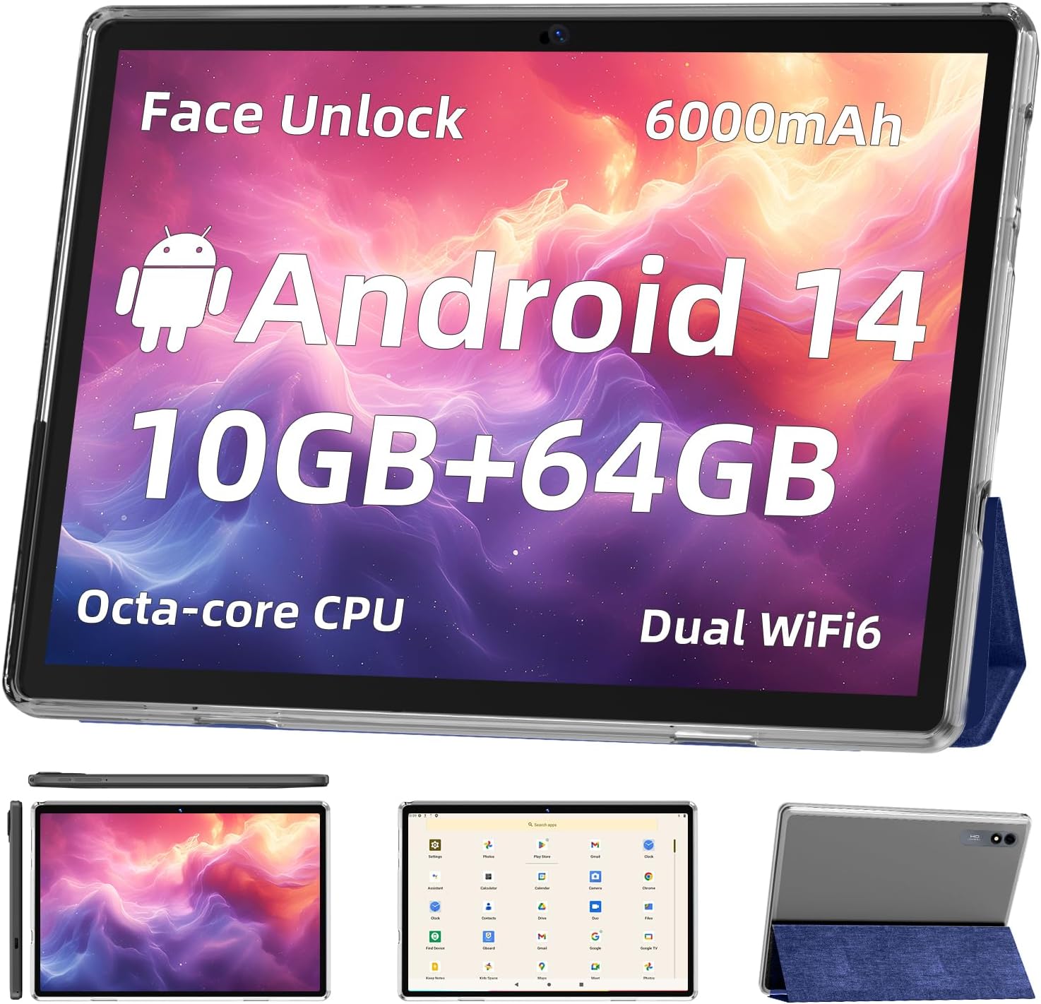 TUOHAITIME Android 14 Tablet,10 inch Tablets, Octa Core CPU, 10GB+64GB+512GB Expansion, 1280x800 Display Screen, Wi-Fi6, Dual Cameras, 6000mAh Battery,Support Widevine L1 Google Kids Space, Blue
