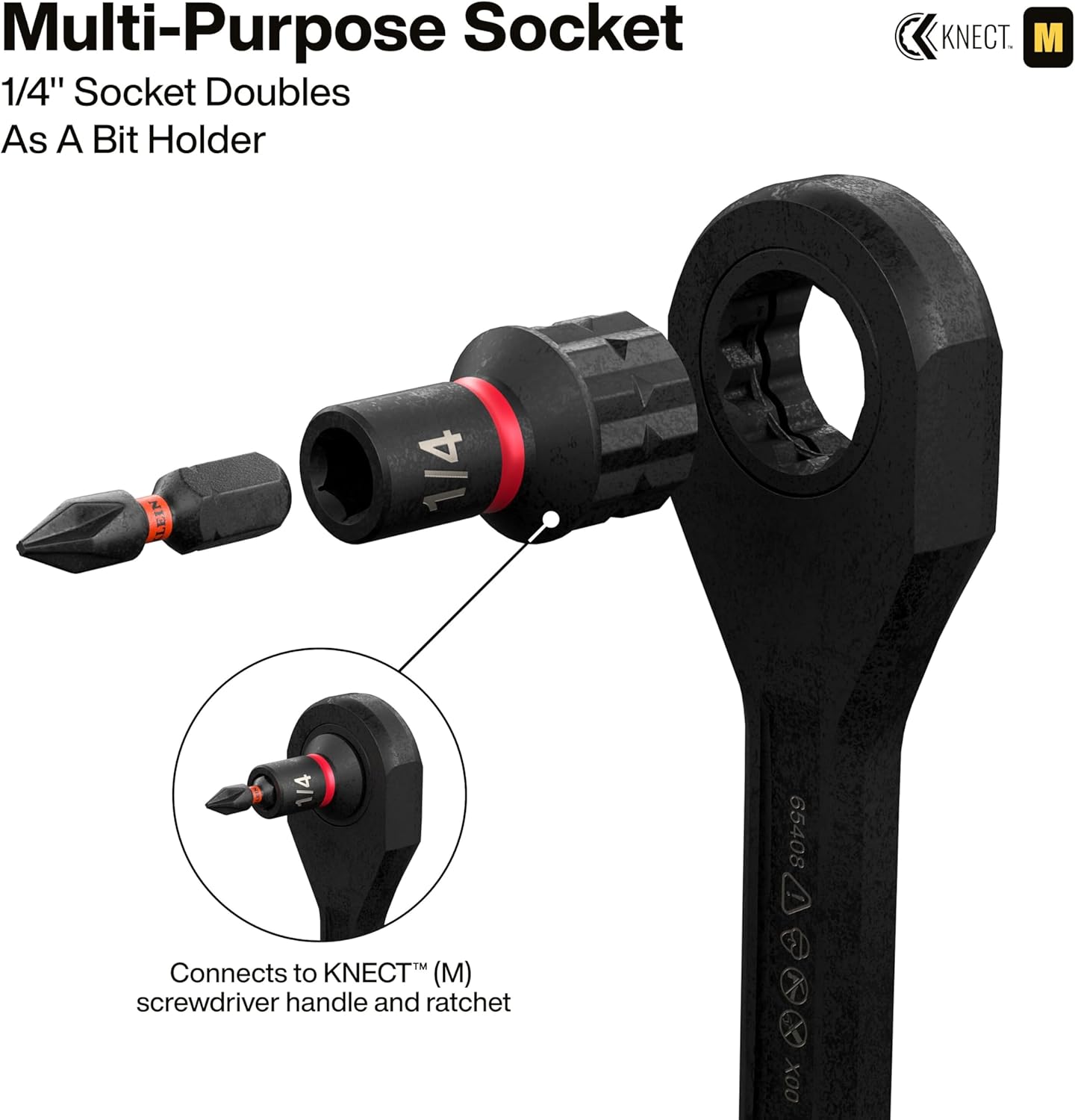 A 1/4 inch socket connected to a bit, demonstrating its use as a bit holder.