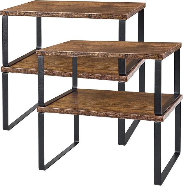 Kitchen Cabinet Shelve Organizer , Set of 4 Counter Shelves, Stackable and Expandable Counter Top Organizer Racks for kitchen bathroom, Industrial Rustic Brown Wood