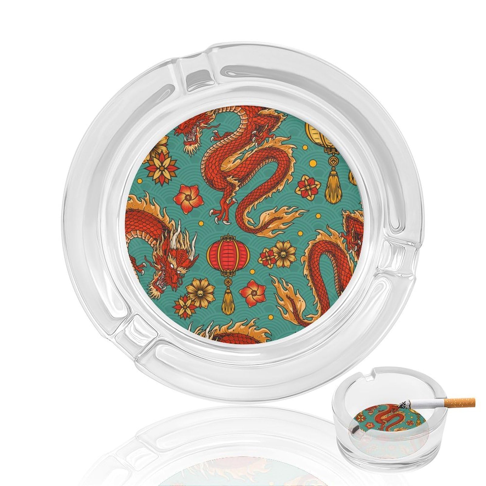 Cool Dragon Patt Glass Ashtray 3.3 Inch Round Cigarette Ash Holder with 4 Grooves for Home Office Outdoor One Size