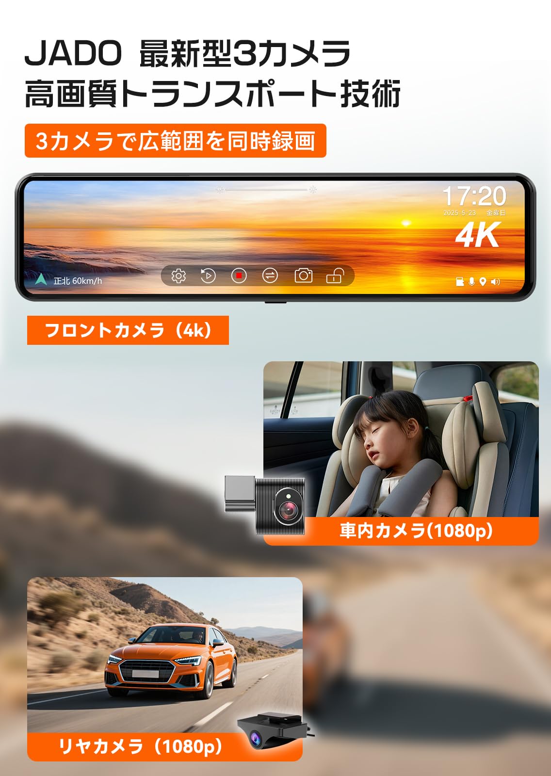 Amazon.co.jp: JADO ドライブレコーダー ミラー型 3カメラ 4K 録画