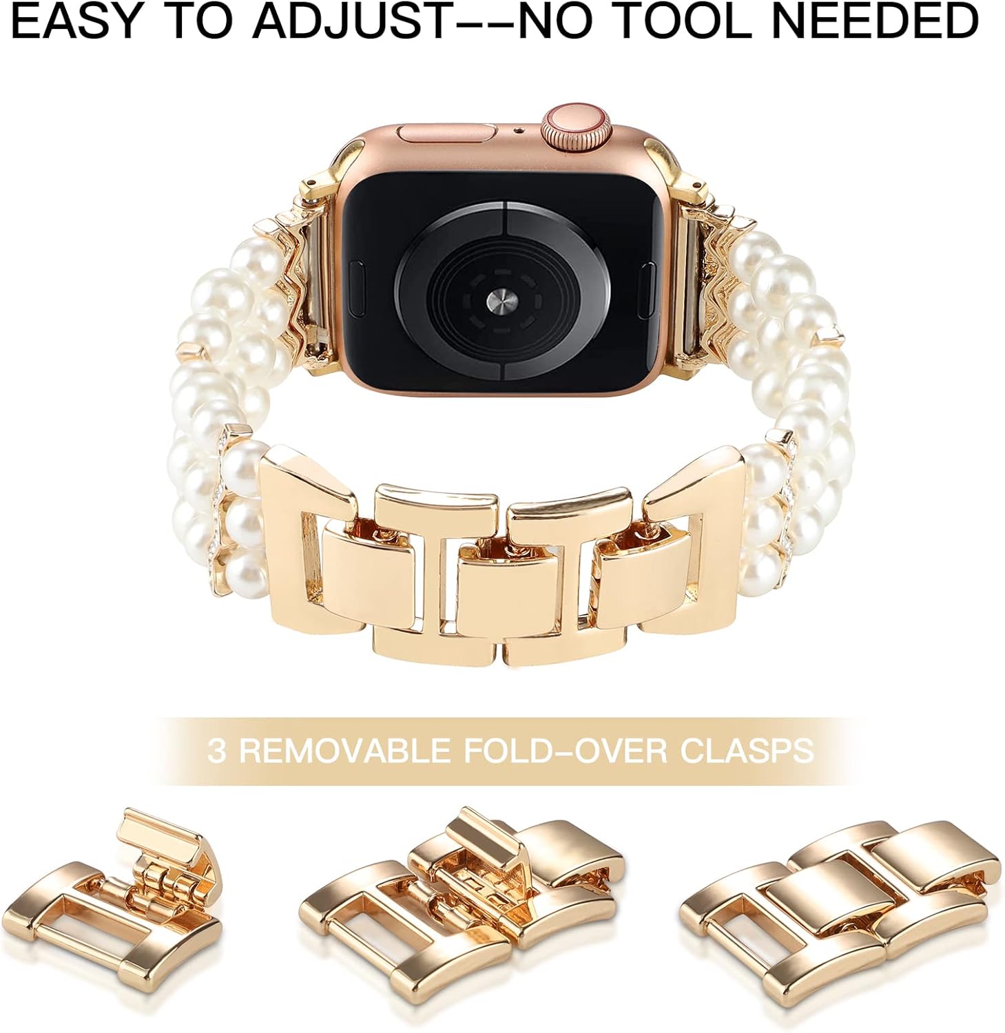 Adjustable Elastic Pearl Beaded Band Compatible with Apple Watch 38mm 40mm 41mm, Woman Chic Diamond Metal Chain Solo Loop Stretch Bracelet Strap Replacement for iWatch Series 9 8 7 6 5 4 3 2 SE - Image 5