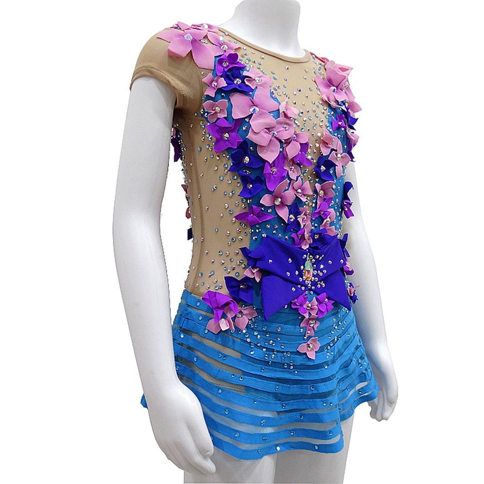 LIUHUO Maillot de gimnasia rítmica tridimensional con flores artificiales para rendimiento y competición