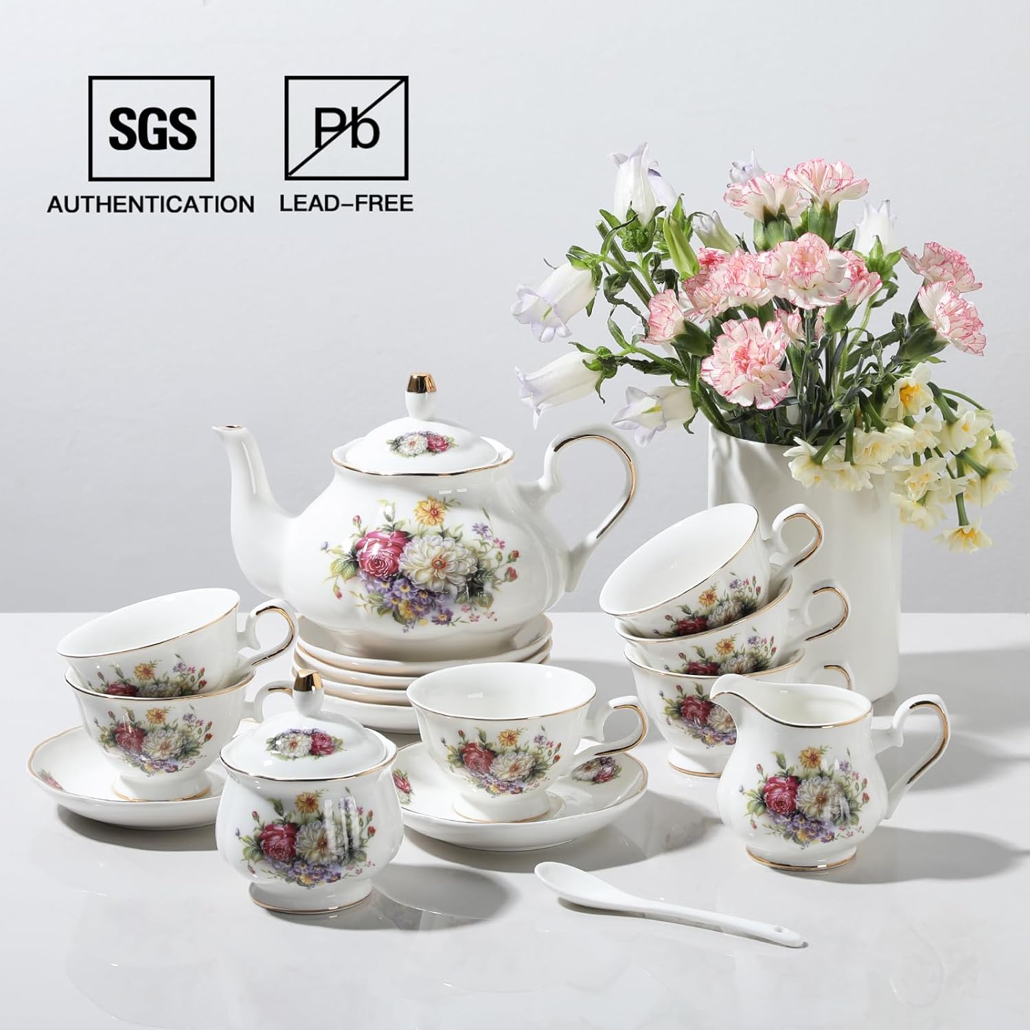 Sweejar Porcelain Tea Set Vintage Floral, British Relief Gold Rim Teapot Cup and Saucer Sets, 22-Piece Tea Sets for Adults, with Teapot, Sugar Bowl, Milk Jug, Spoons, Cup and Saucer (Flower Style)