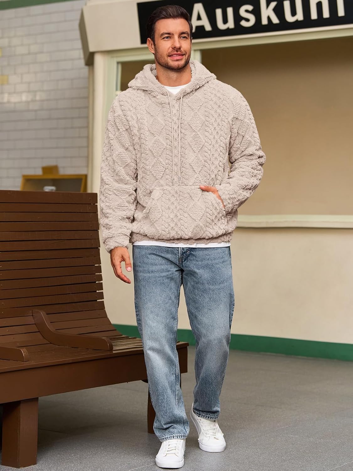 Runcati Mens Fuzzy Sherpa Hoodie Pullover Sweatshirts Long Sleeve Front Pocket Fall Winter Hooded Textured Outwear - Image 5