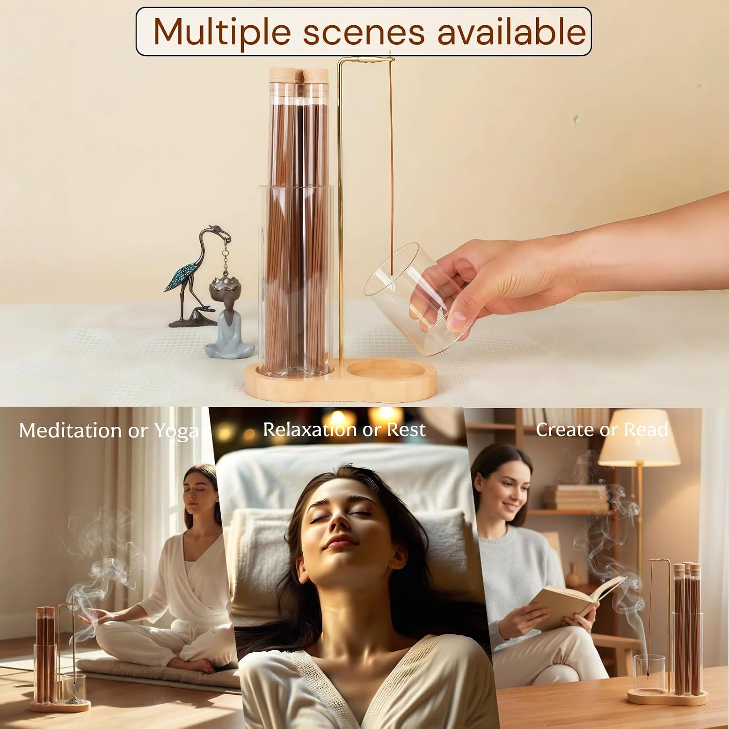 Incense Holder with Ash Catcher,2 in 1 Incense Burner for Sticks,Wooden Anti-ash Incense Stand Set with 3 Acrylic Tubes Birthday Gift for Women Mother Girl Friend Meditation Yoga Spa Home Office