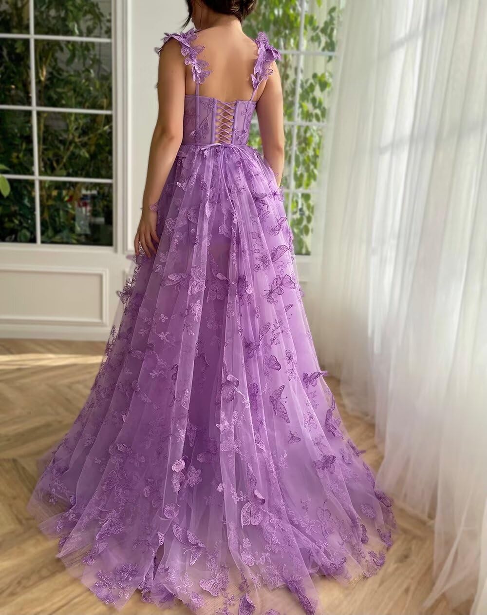 Eightale Vestido largo de tul con encaje y apliques de mariposa dividida en 3D, vestido formal de noche