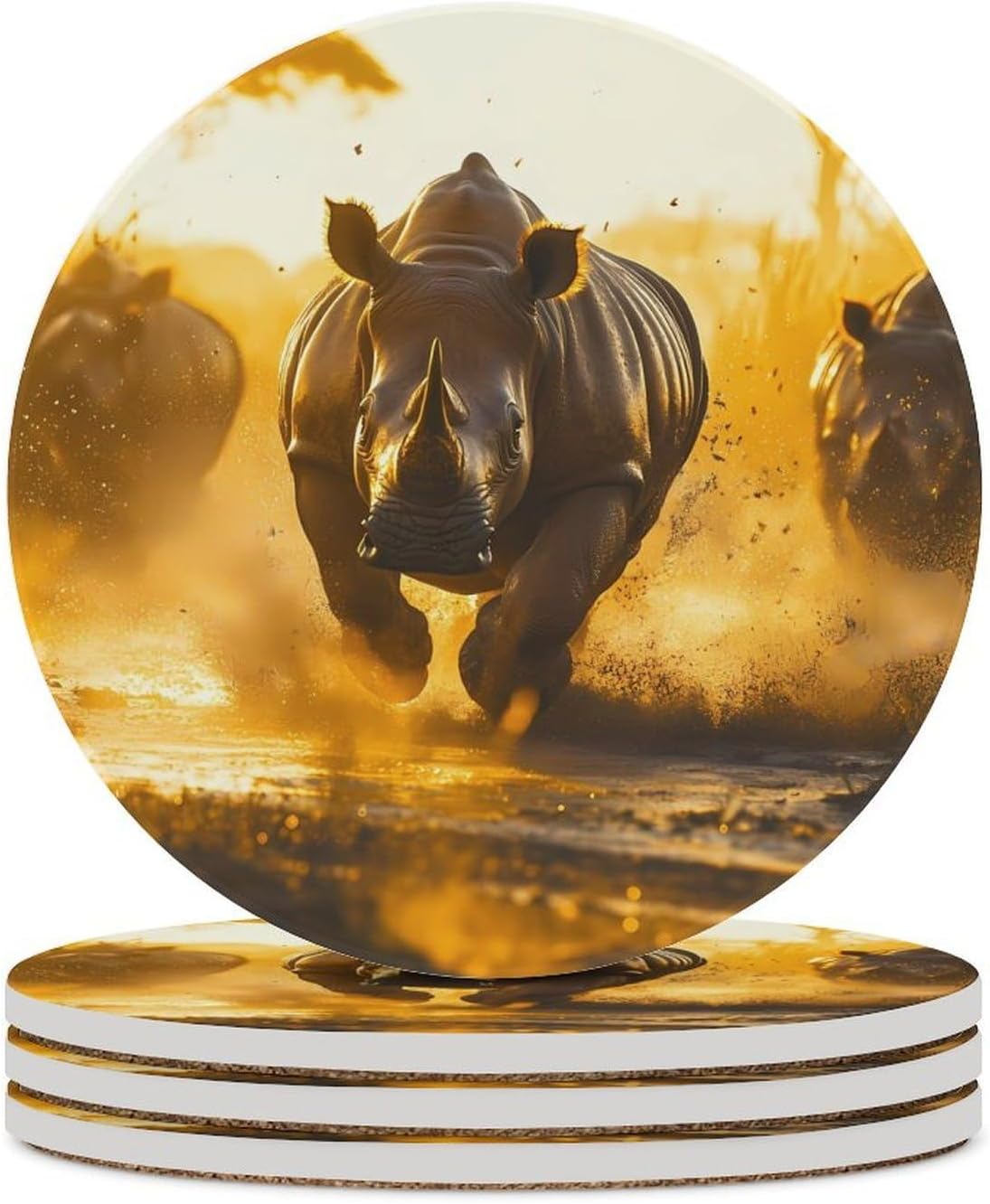 Rhino Running Round Ceramic Coasters for Drinks Absorbent Cup Holder Tabletop Protector with Cork Base