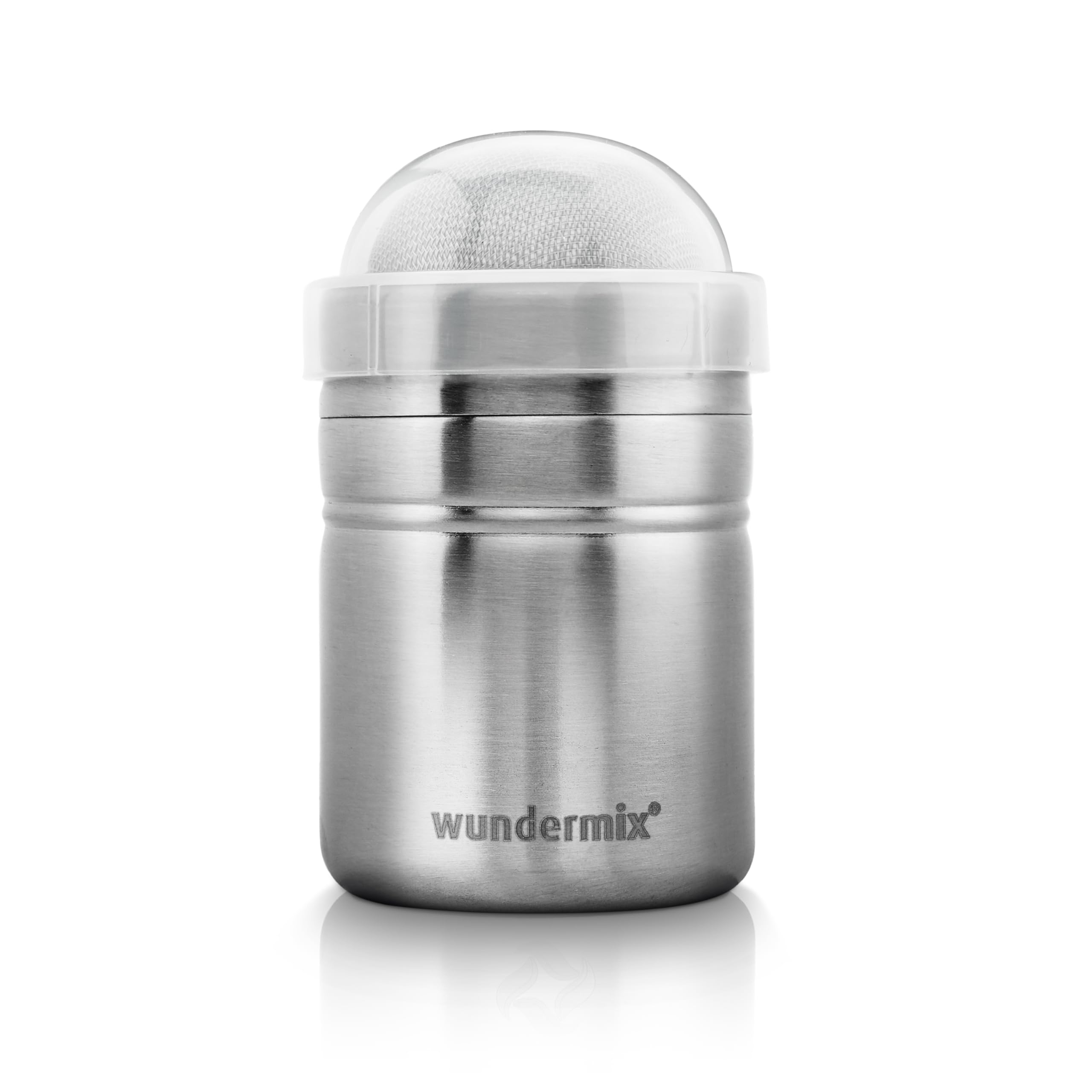 Wundermix - StreuPro Edelstahl-Streuer • Streuer für Zucker, Puderzucker, Mehl, Kakao & Zimt • Zum Toppen von Kuchen, Cappuccino, heißer Schokolade und mehr • Puderzuckerstreuer mit Deckel