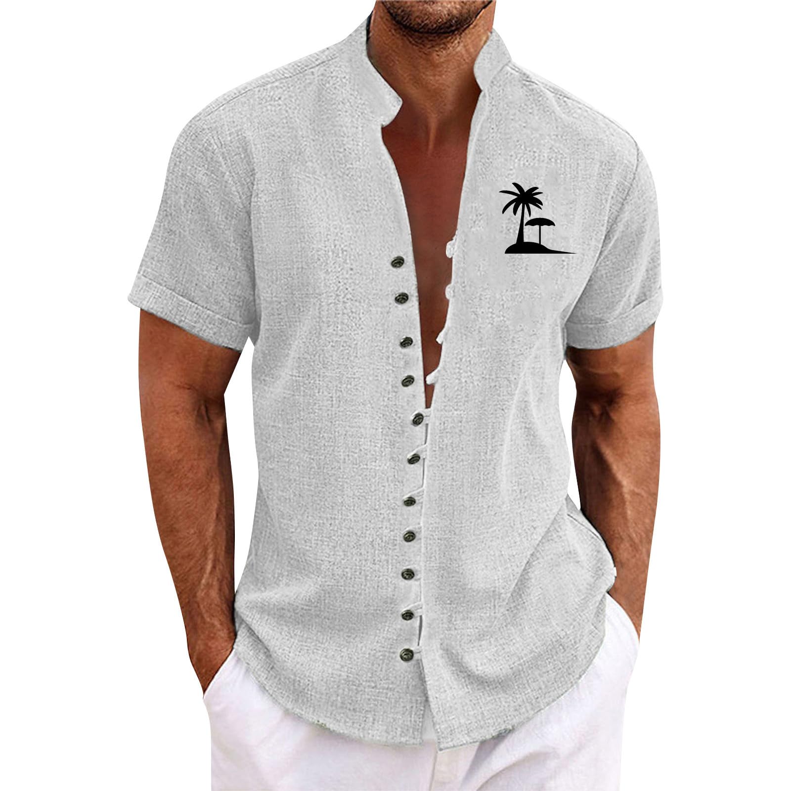 Generic Camisa de Lino Manga Corta para Hombre Camisas Informales de Verano Algodon Camisa de Lino Manga Corta Hombre Camisa Suelta de Ocio de Color Sólido con Botónes Top con Bolsillo Regular Fit