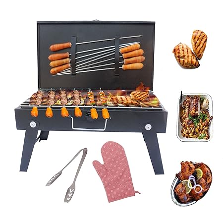 ANGITHI Charcoal barbeque grill set, Foldable briefcase style charcoal; grill, Barbecue grill set for home use tandoor for home and picnic use with 8 skewers ,1ss grill,1tong ,1glove (Made in INDIA)