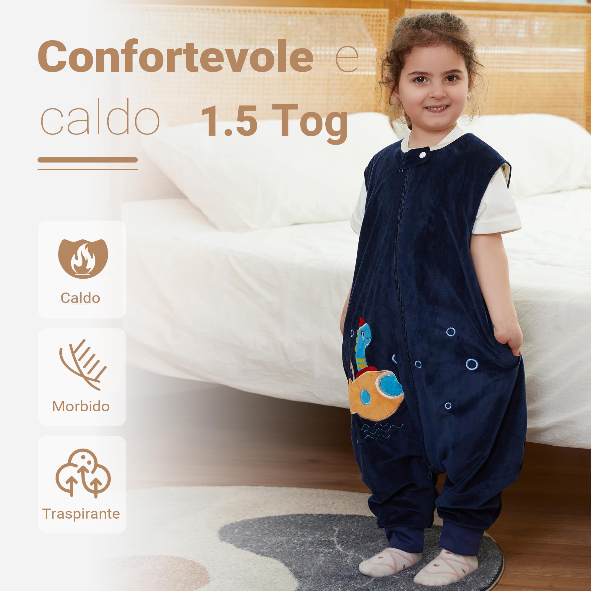 XQ&XG Sacco Nanna con piedini, Bambini Sacco Nanna con gambe 1.5 TOG, Sacco a pelo con gambe, Sottomarino, 1-3 Anni