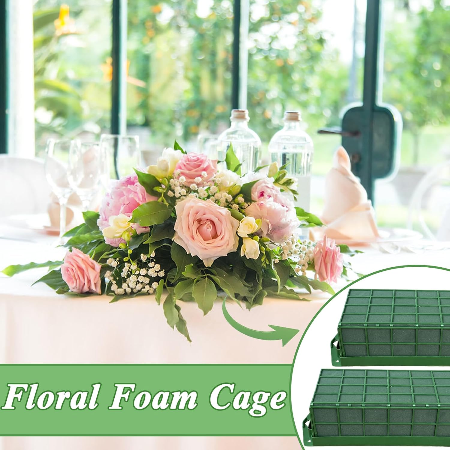Xanllaxa 3 Pcs Green Rectangular Floral Foam Cage, Holds Fresh or Artificial Flowers, Versatile Hanging Design, Ideal for Weddings, Birthdays, Home Decorations
