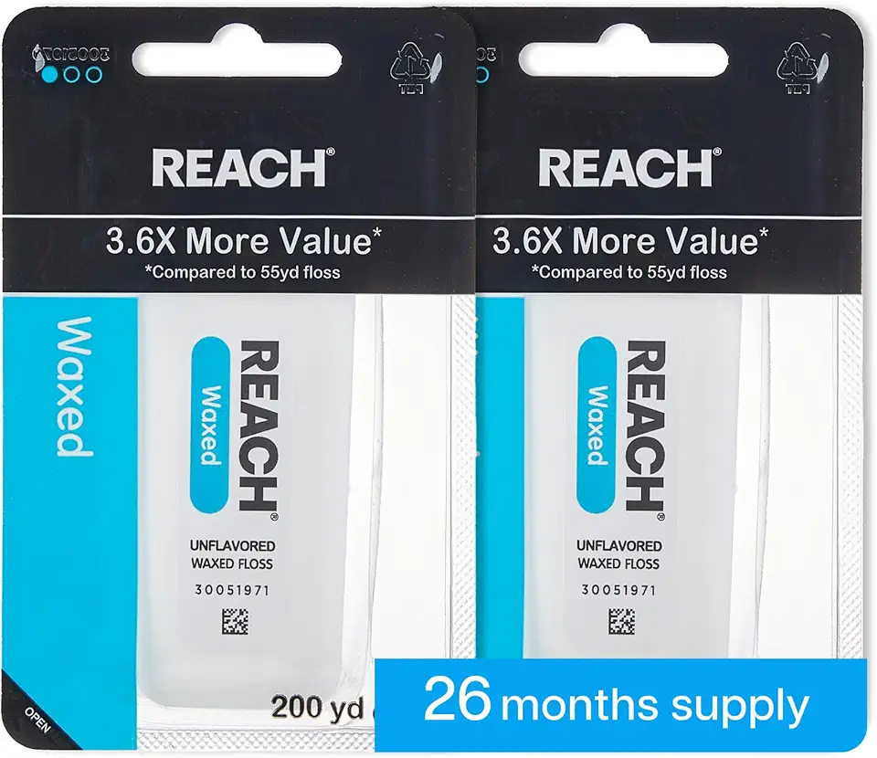 REACH Waxed Dental Floss, Unflavored, 3.6X More Value, Plaque Remover for Teeth, Shred Resistant, Floss Slides Smoothly, Easy to Use, Waxed, Oral Care, PFAS Free, for Adults &amp; Kids, 2 Pack, 200 yd